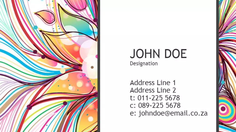 Floral-themed business card design featuring vibrant, multicoloured floral patterns on the left side. The right side displays placeholder text for a name, designation, address, phone numbers, and email. Ideal for personalised gifts, professional use, or creative business branding.