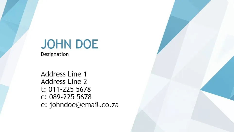 Modern business card design featuring a geometric blue and white background. The card includes placeholder text for a name, designation, address, phone numbers, and email address. Ideal for professional networking and personal branding.