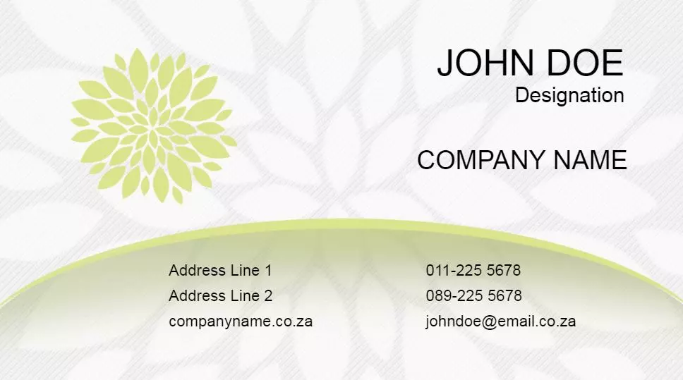 Business card design featuring a green energy theme with a light green floral pattern and a subtle leaf background. The card includes placeholders for a name, designation, company name, address, phone numbers, and email address, all in a clean, modern font.