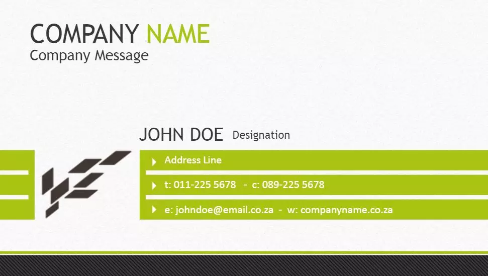 Professional business card with a green geometric theme. The card features a company name and message in the top left corner, with the name "John Doe" and a designation below. Contact details, including address, phone numbers, email, and website, are listed in green text boxes. Ideal for corporate use.