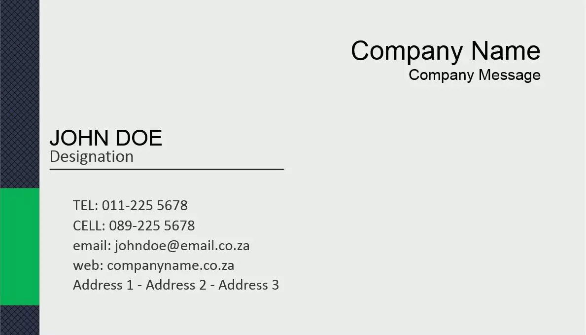 A professional grey-themed business card template featuring a minimalist design. The card includes placeholders for company name, company message, individual's name, designation, telephone number, cell number, email address, website, and physical addresses. Ideal for corporate use.