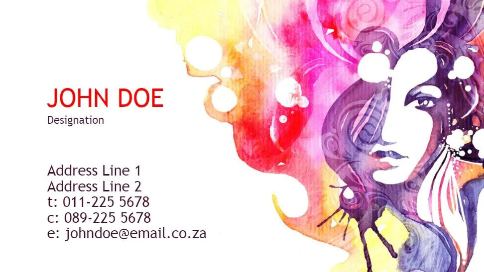 Colourful hippy-themed business card featuring a vibrant, abstract illustration of a woman's face with flowing hair in shades of purple, pink, and yellow. The card includes placeholder text for a name, designation, address, phone numbers, and email address. Ideal for creative professionals.