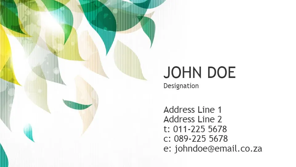 Business card with a leafy theme featuring green and yellow abstract leaves on the left side. The right side contains placeholder text for a name, designation, address, phone numbers, and email address. The design is clean and modern, suitable for various professional uses.