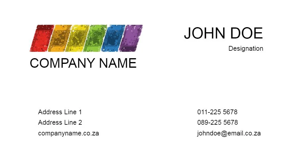 Business card design featuring a colourful racing stripe graphic on the left side, with space for a company name and address details below. The right side includes a placeholder for an individual's name, designation, phone numbers, and email address. Ideal for professional use.