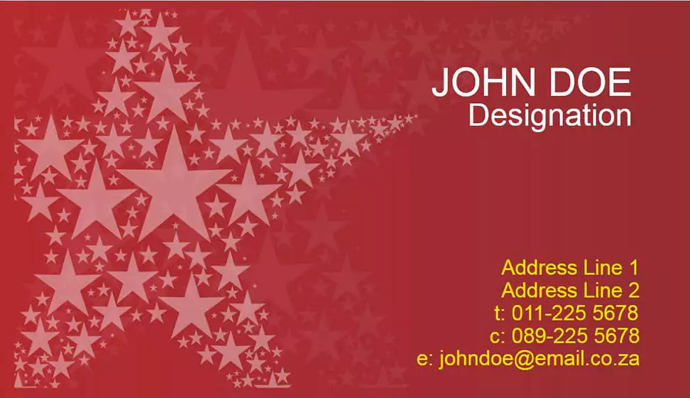 Red business card with a star theme design. The left side features a large star composed of smaller stars in varying sizes. The right side displays placeholder text for a name, designation, address, phone numbers, and email in white and yellow text. Suitable for professional use.