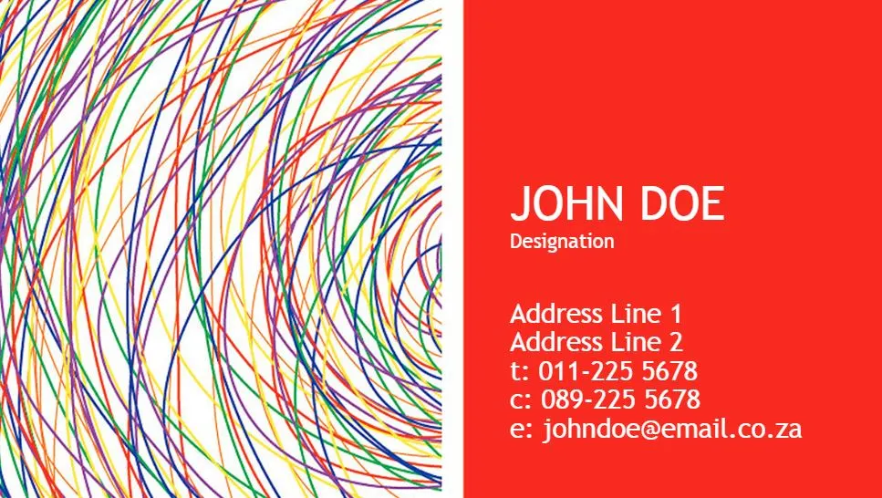 A vibrant business card design featuring a red background on the right side with placeholder text for a name, designation, address, phone numbers, and email. The left side showcases a dynamic pattern of multicoloured swirling lines on a white background. Ideal for creating personalised business cards.