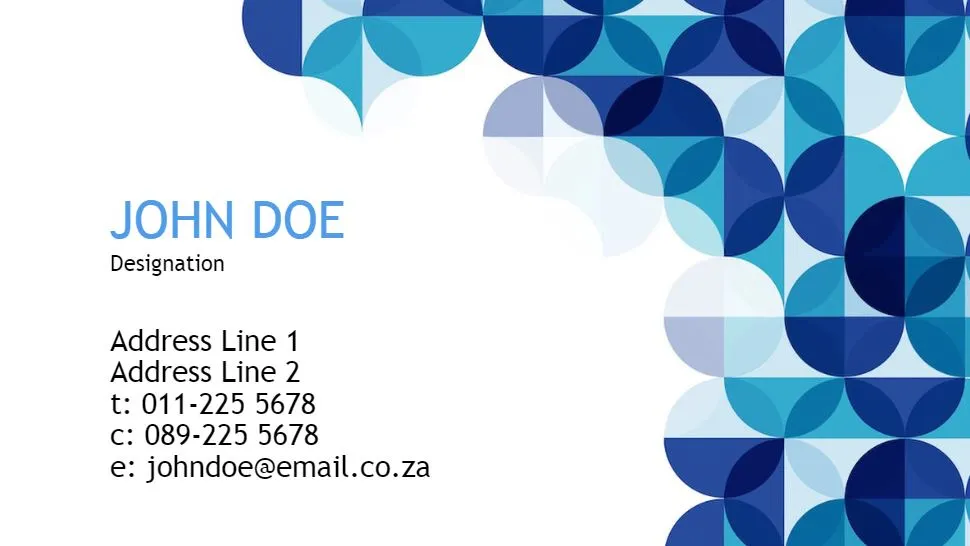 Business card design featuring a geometric symmetry theme with blue and teal circular patterns on the right side. The card includes placeholder text for a name, designation, address, phone numbers, and email address. Ideal for professional use and personalised gifts in South Africa.