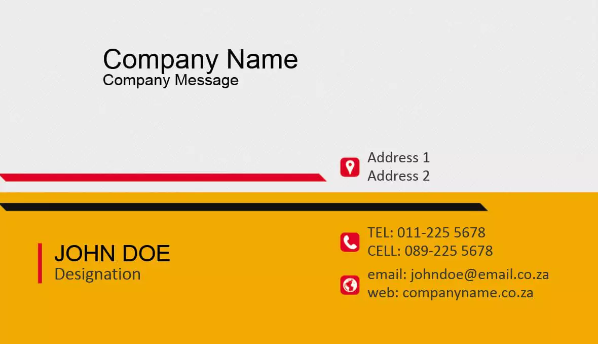 Professional business card design with a yellow and white theme. The card features a company name, message, and contact details including phone numbers, email, and website. The bottom section includes the name 'John Doe' and designation, with a clean and modern layout.