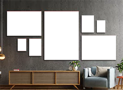 Luxury 7-piece canvas set displayed on a modern living room wall. The set features various sizes of canvases with a cohesive theme in shades of red and black. Ideal for home décor, this set makes a perfect gift for special occasions such as Christmas, Valentine's Day, or birthdays.