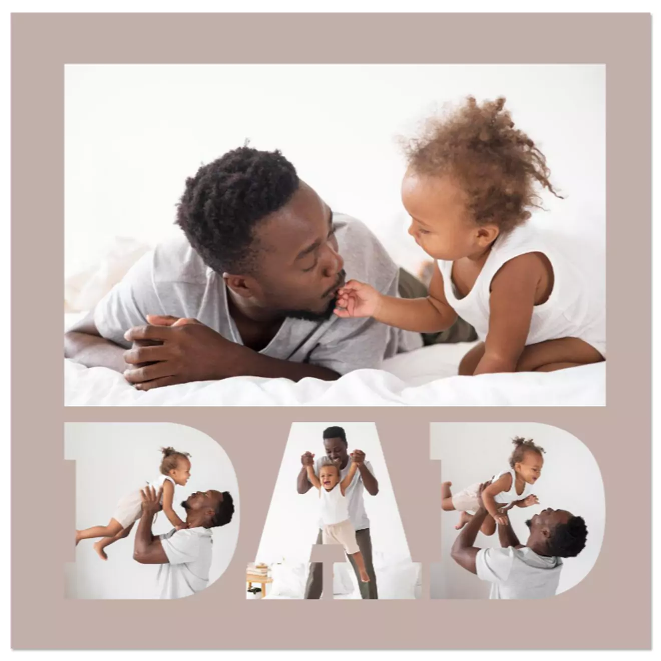 Personalised photo collage featuring a father and child in various playful and loving moments. The collage spells out 'DAD' with images inside each letter, set against a light brown background. Ideal for gifts for dad, baby shower gift ideas, or Christmas gifts.