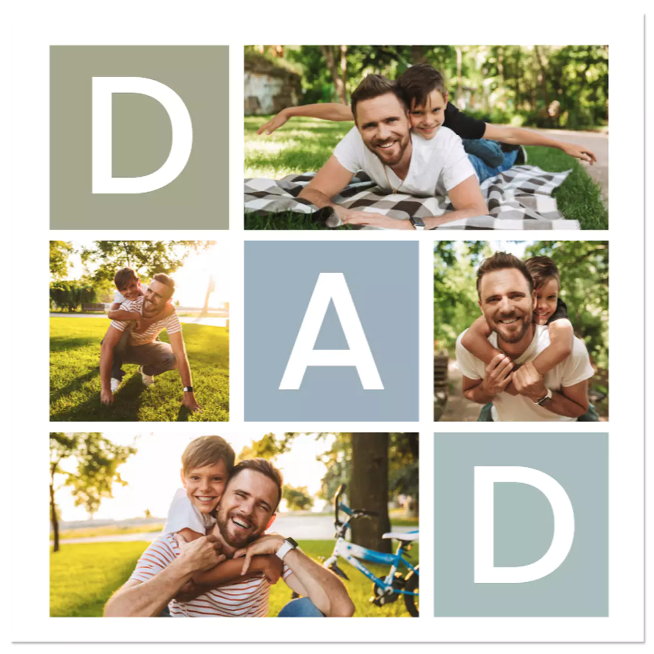 Personalised photo collage for dad featuring the word 'DAD' in large letters and various images of a father and child enjoying outdoor activities. Ideal for gifts for men, photo albums, and personalised gifts in South Africa. Perfect for occasions like Christmas, birthdays, and Father's Day.