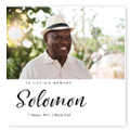 Elegant funeral-themed photo collage featuring a smiling man in a white hat and shirt, with a serene outdoor background. The design includes the text "In Loving Memory" and the name "Solomon" with dates, providing a respectful and personalised tribute. Ideal for memorial photo books and personalised gifts in South Africa.