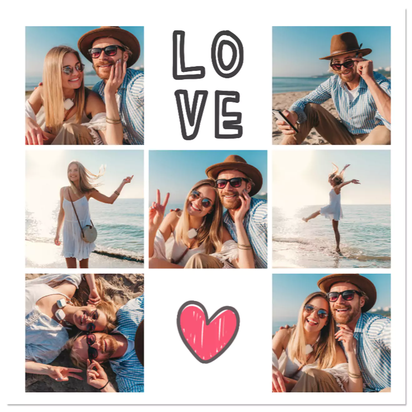 A square photo collage with a love theme, featuring a couple enjoying a beach outing. The collage includes six photos of the couple in various poses, with the word "LOVE" in bold black letters and a red heart illustration in the centre. Ideal for personalised gifts in South Africa, photo books, and Valentine's Day gift ideas.