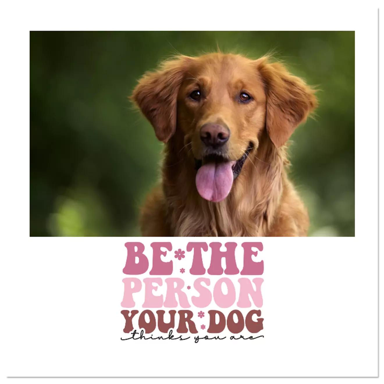 Personalised photo collage featuring a dog with the text 'Be the person your dog thinks you are' in pink and brown letters. Ideal for gifts for dog lovers, canvas collage personalised gift in South Africa.