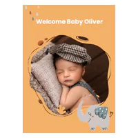 Baby-themed greeting card featuring a sleeping baby in a checkered cap, with the text 'Welcome Baby Oliver' at the top. The card has an orange background with cute illustrations of an elephant and decorative elements. Ideal for baby shower gift ideas and personalised gifts in South Africa.