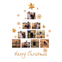 Christmas-themed greeting card featuring a tree-shaped collage of family photos, adorned with gold stars and snowflakes. The card has "Merry Christmas" written in elegant gold script at the bottom. Ideal for personalised gifts, Christmas gift ideas, and festive greetings.