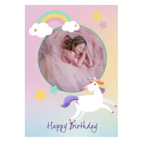 Unicorn-themed greeting card featuring a 'Happy Birthday' message. The card has a pastel gradient background with a rainbow, stars, and clouds. A white unicorn with a colourful mane and tail is depicted at the bottom. Ideal for personalised gifts and special occasions.