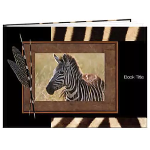 Hardcover photo book with an African theme featuring a zebra image on the cover, adorned with decorative feathers and a zebra stripe pattern. Ideal for personalised gifts, photo albums, and special occasions such as Christmas, baby showers, and Valentine's Day. Perfect for creating cherished memories.