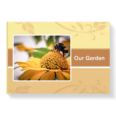 Taupe-themed hardcover photo book featuring a floral design with a bee on a yellow flower on the cover. The title 'Our Garden' is displayed on the front. Ideal for personalised gifts, photo albums, and special occasions such as Christmas, baby showers, and Valentine's Day.