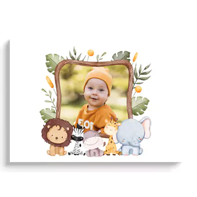 Photobook cover featuring a baby in an orange outfit with the text ‘He’s a WILD ONE,’ surrounded by cute lion and elephant illustrations.