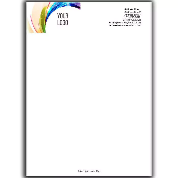 Customisable letterhead with a modern, colourful abstract design in the top left corner. The letterhead includes space for company details such as address, contact information, and director's name at the bottom. Ideal for professional business correspondence and branding.