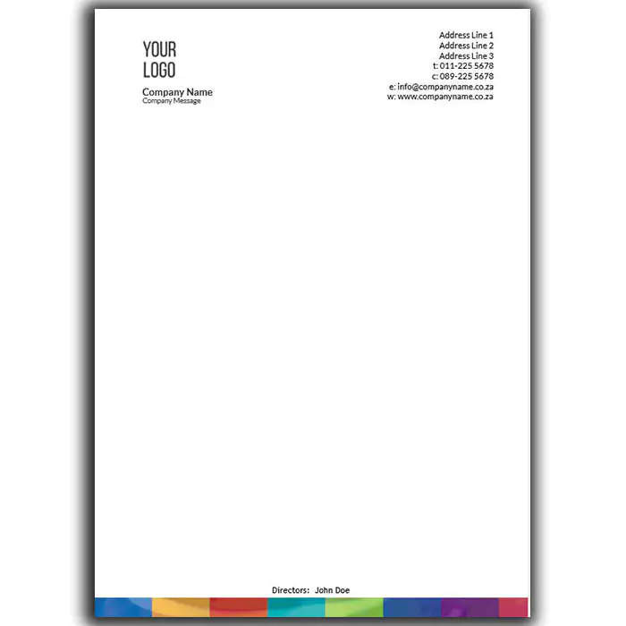 Customisable letterhead with a minimalist design, featuring space for a company logo and name at the top left, and contact details on the top right. The bottom edge has a colourful geometric border. Ideal for professional correspondence and personalised stationery in South Africa.