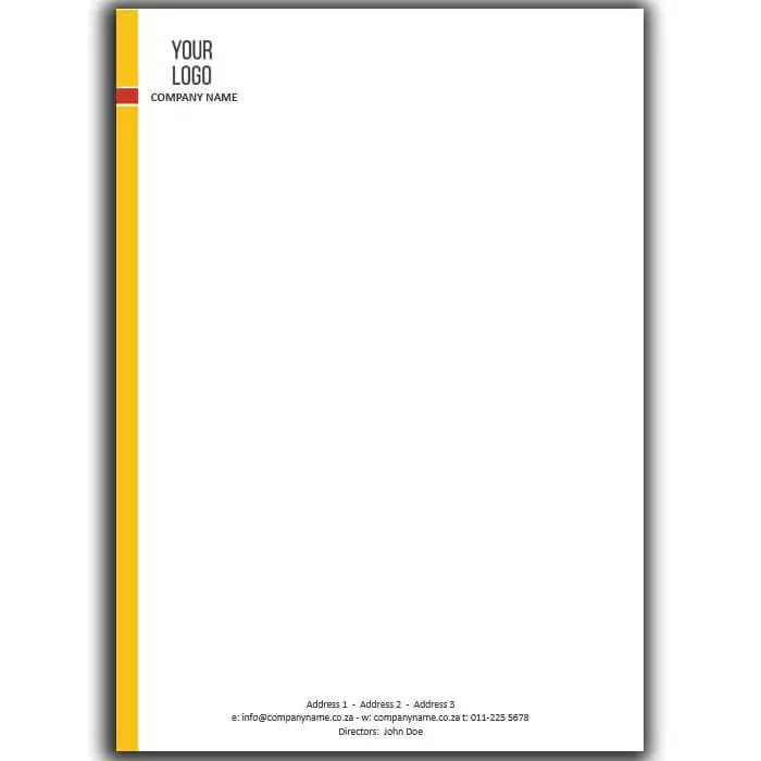 Customisable letterhead design featuring a vertical yellow and red stripe on the left side, with space for a company logo and name at the top. The bottom section includes placeholders for address, contact information, and director's name. Ideal for professional business correspondence.