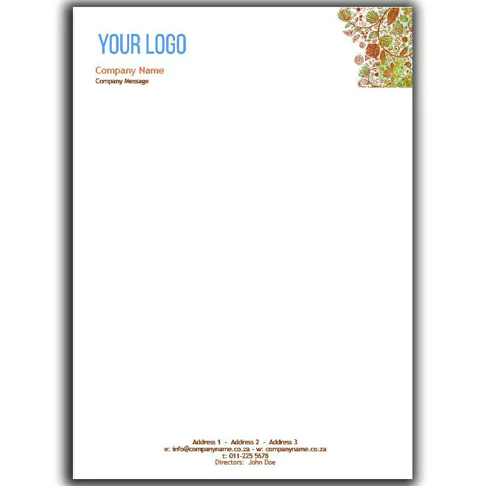 Customised letterhead with a white background featuring a company logo and name at the top left corner. The top right corner has a decorative floral design. Contact information, including email, website, and phone number, is printed at the bottom. Ideal for professional business use.