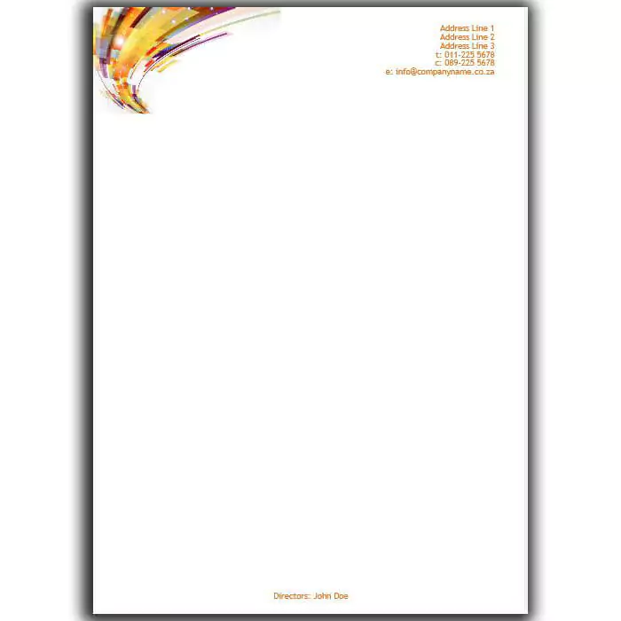 Customisable letterhead with a modern, colourful abstract design in the top left corner. The letterhead includes space for company details such as address, contact information, and director's name at the bottom. Ideal for professional business correspondence and branding.