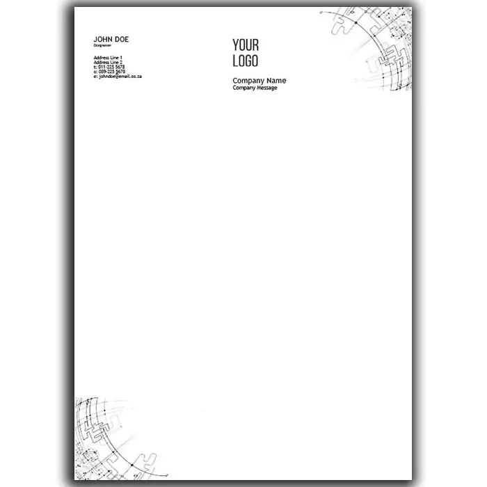 Customisable letterhead featuring a minimalist design with architectural blueprint accents in the corners. Includes placeholders for personal details, company logo, name, and message. Ideal for professional correspondence and personalised stationery.