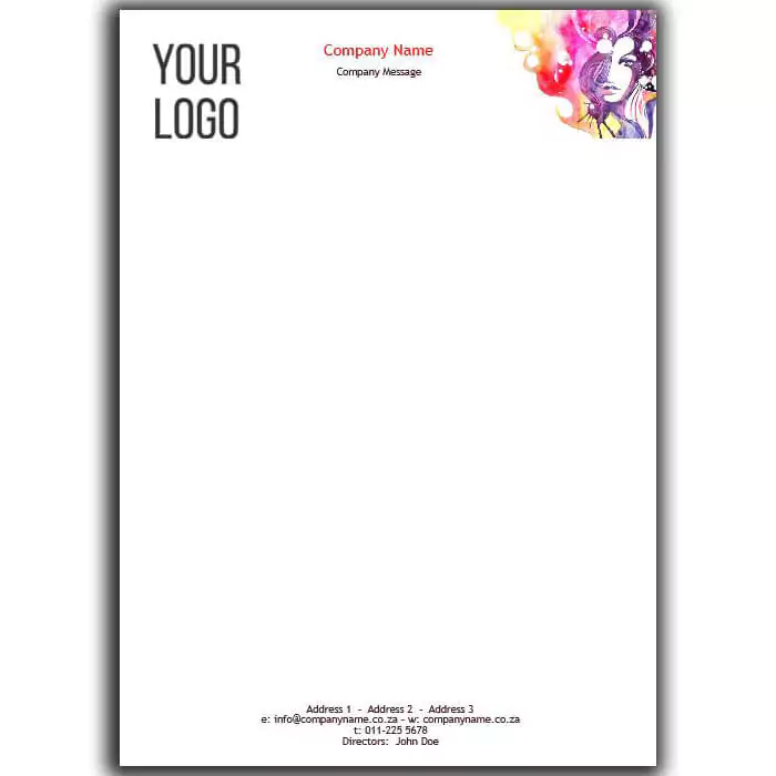 Customised letterhead featuring a company logo and name at the top left, with a colourful artistic design in the top right corner. The letterhead includes company contact details and director's name at the bottom. Ideal for professional business correspondence.