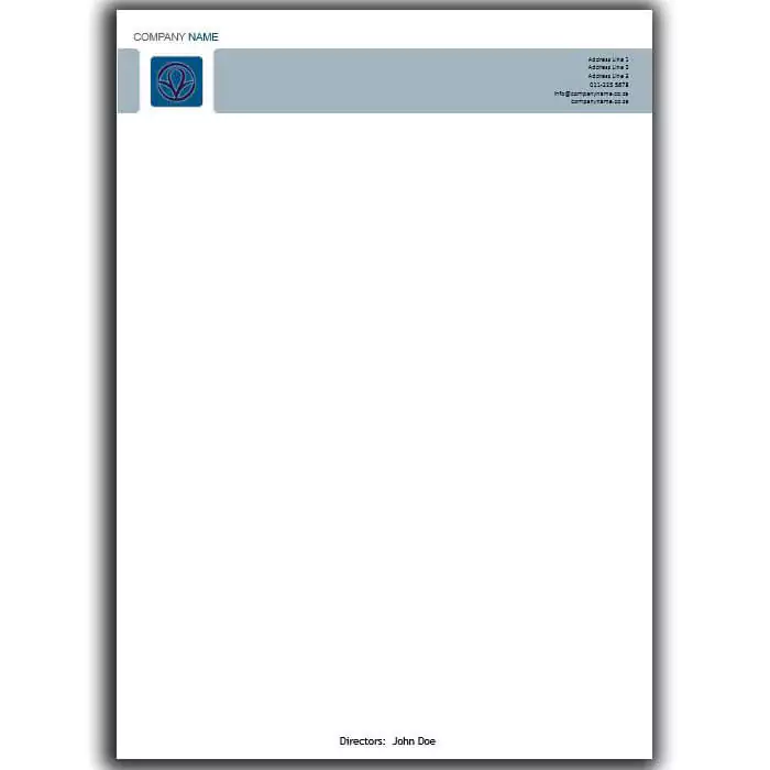 Customisable letterhead design featuring a blue and grey header with space for company name, logo, and contact information. The letterhead includes a footer with a placeholder for the director's name. Ideal for professional business correspondence and branding.