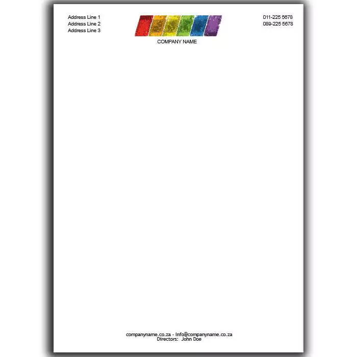 Customisable letterhead featuring a colourful, abstract logo at the top centre, with space for company name, address lines, and contact information. Ideal for professional correspondence and business branding. Suitable for personalised gifts in South Africa.