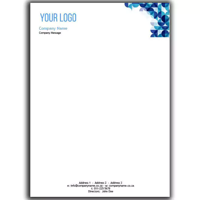 Customisable letterhead with a modern design featuring a blue geometric pattern in the top right corner. The letterhead includes placeholders for a company logo, name, message, and contact details at the bottom. Ideal for professional business correspondence and branding.