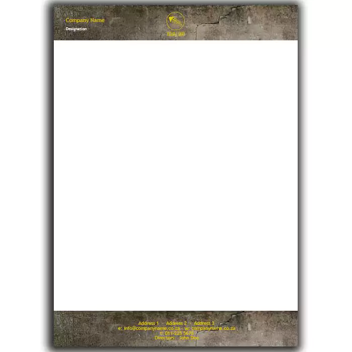 Customisable letterhead with a rustic, textured brown border featuring company name and logo at the top. The bottom section includes space for address and contact information in yellow text. Ideal for professional correspondence and personalised business stationery.