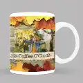 Autumn-themed ceramic mug featuring vibrant fall leaves and a rustic design with the text 'It's Coffee O'Clock'. Perfect for cosy autumn mornings, this mug makes an ideal gift for coffee lovers and can be personalised for special occasions. Great for Christmas gift ideas and personalised gifts in South Africa.