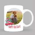 White ceramic mug featuring a festive Christmas theme with a red car carrying a Christmas tree and presents. The mug displays a personalised photo of a family and the text "Happy Holidays" in red. Ideal for Christmas gifts, personalised gifts in South Africa, and holiday celebrations.