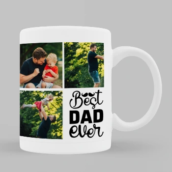 White ceramic mug with a "Best Dad Ever" theme, featuring a collage of family photos. Ideal for personalised gifts, especially for Father's Day or birthdays. Perfect for showcasing cherished memories, making it a thoughtful gift for dads. Suitable for South African market.