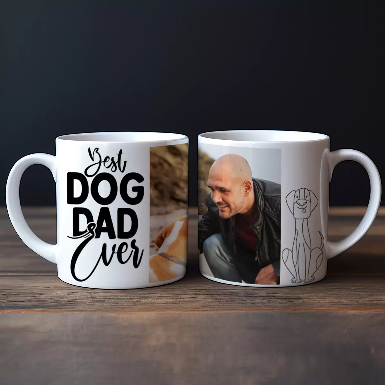 White ceramic mug with "Best Dog Dad Ever" text in bold black letters on one side, and a photo of a man with a dog on the other side. The mug also features a simple line drawing of a dog. Ideal personalised gift for dog-loving dads, perfect for birthdays, Christmas, or Father's Day.