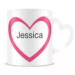 White ceramic mug featuring a large pink heart outline with the name "Jessica" printed in the centre. The mug has a standard handle and a smooth finish, making it a perfect personalised gift for various occasions such as Valentine's Day, birthdays, or Christmas. Ideal for gifts for her or personalised gifts in South Africa.