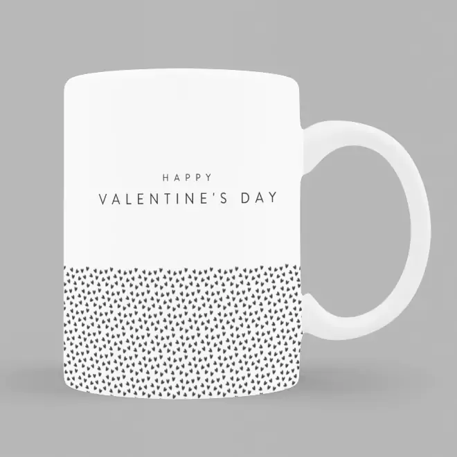 White ceramic mug with a minimalist design featuring small black hearts at the bottom and the text "Happy Valentine's Day" in the centre. Ideal for Valentine's Day gift ideas, personalised gifts in South Africa, and gifts for her.