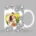 White ceramic mug featuring a sunflower theme with black and white sunflower illustrations surrounding a central heart-shaped photo frame. The photo frame displays a couple embracing in a sunflower field. Ideal for personalised gifts, Christmas gifts, or Valentine's Day gift ideas.