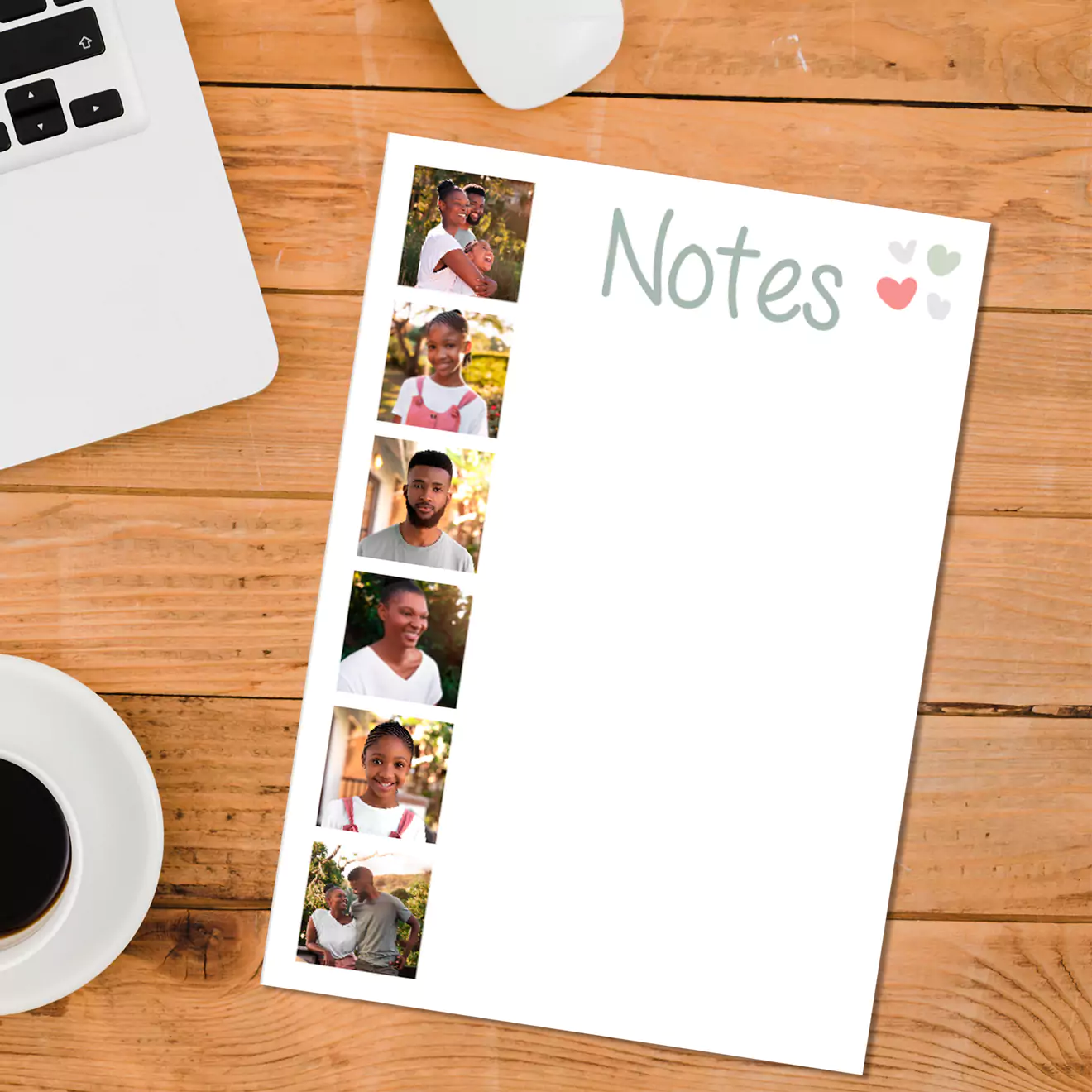 Personalised notepad with "Notes" header and heart designs, featuring a column of six customisable photo slots on the left side. Ideal for gifts, including Christmas, Valentine's Day, and baby showers.