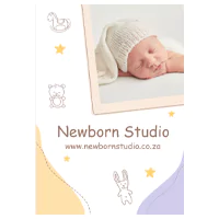 Theme poster for a baby business featuring a sleeping newborn wearing a knitted hat. The poster includes the text 'Newborn Studio' and a website URL 'www.newbornstudio.co.za'. The design is adorned with pastel colours and cute baby-themed illustrations such as a teddy bear, rocking horse, and stars.