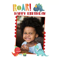 Colourful dinosaur-themed birthday poster featuring a smiling child. The poster includes playful dinosaur illustrations and the text "ROAR! HAPPY BIRTHDAY" in vibrant colours. Ideal for personalised birthday celebrations, baby shower gift ideas, and children's party decorations.