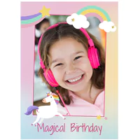 Magical Birthday theme poster featuring a smiling child wearing pink headphones. The poster has a pastel rainbow background with unicorn, star, and cloud illustrations. Ideal for personalised birthday gifts, baby shower gift ideas, and children's room decor.