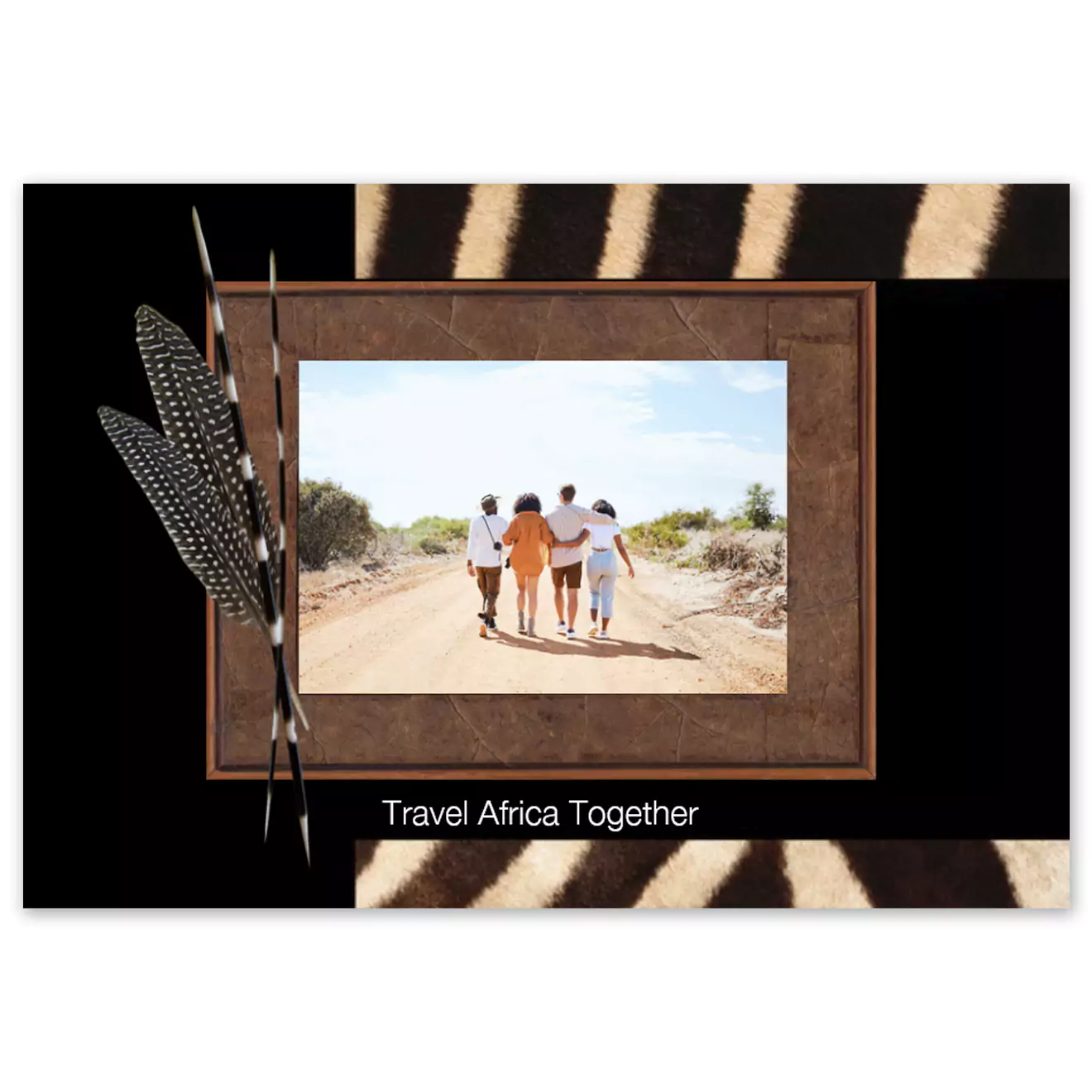 Hardcover photo book with an African theme featuring a zebra image on the cover, adorned with decorative feathers and a zebra stripe pattern. Ideal for personalised gifts, photo albums, and special occasions such as Christmas, baby showers, and Valentine's Day. Perfect for creating cherished memories.