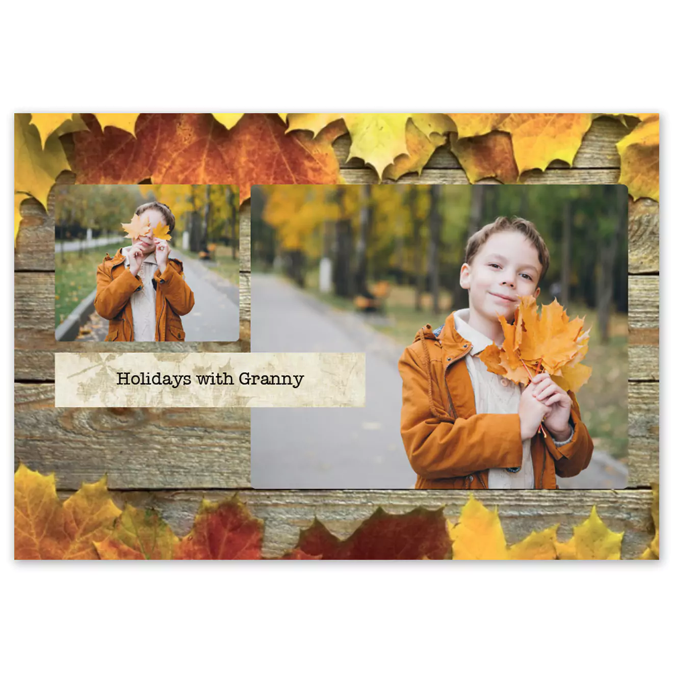 Hardcover photobook with an autumn theme, featuring a cover design with vibrant fall leaves and wooden background. The cover displays two photos of a child enjoying autumn, with the text 'Winter Days with Granny.' Ideal for personalised gifts, photo albums, and special occasions.