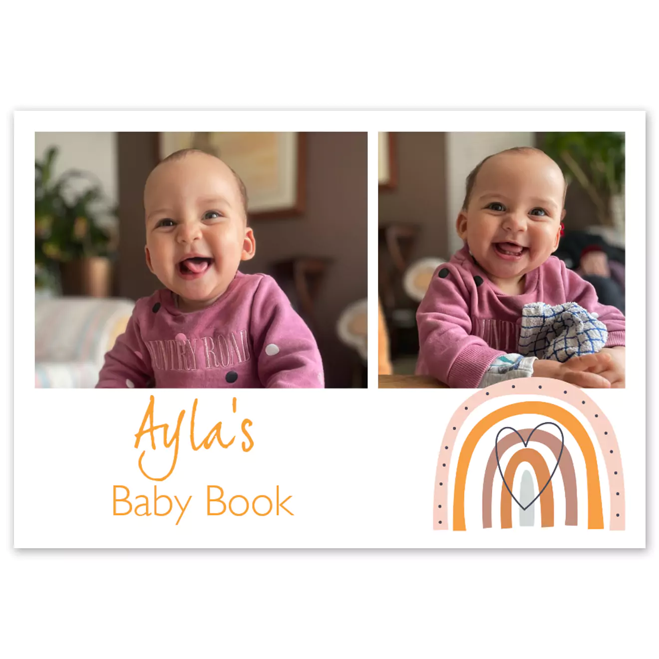 Hardcover baby photo book titled 'Ayla's Baby Book' featuring a pink cover with two photos of a smiling baby in a pink outfit. The design includes cute illustrations of a cloud with raindrops and a rainbow with a heart. Ideal for baby shower gift ideas and personalised gifts in South Africa.