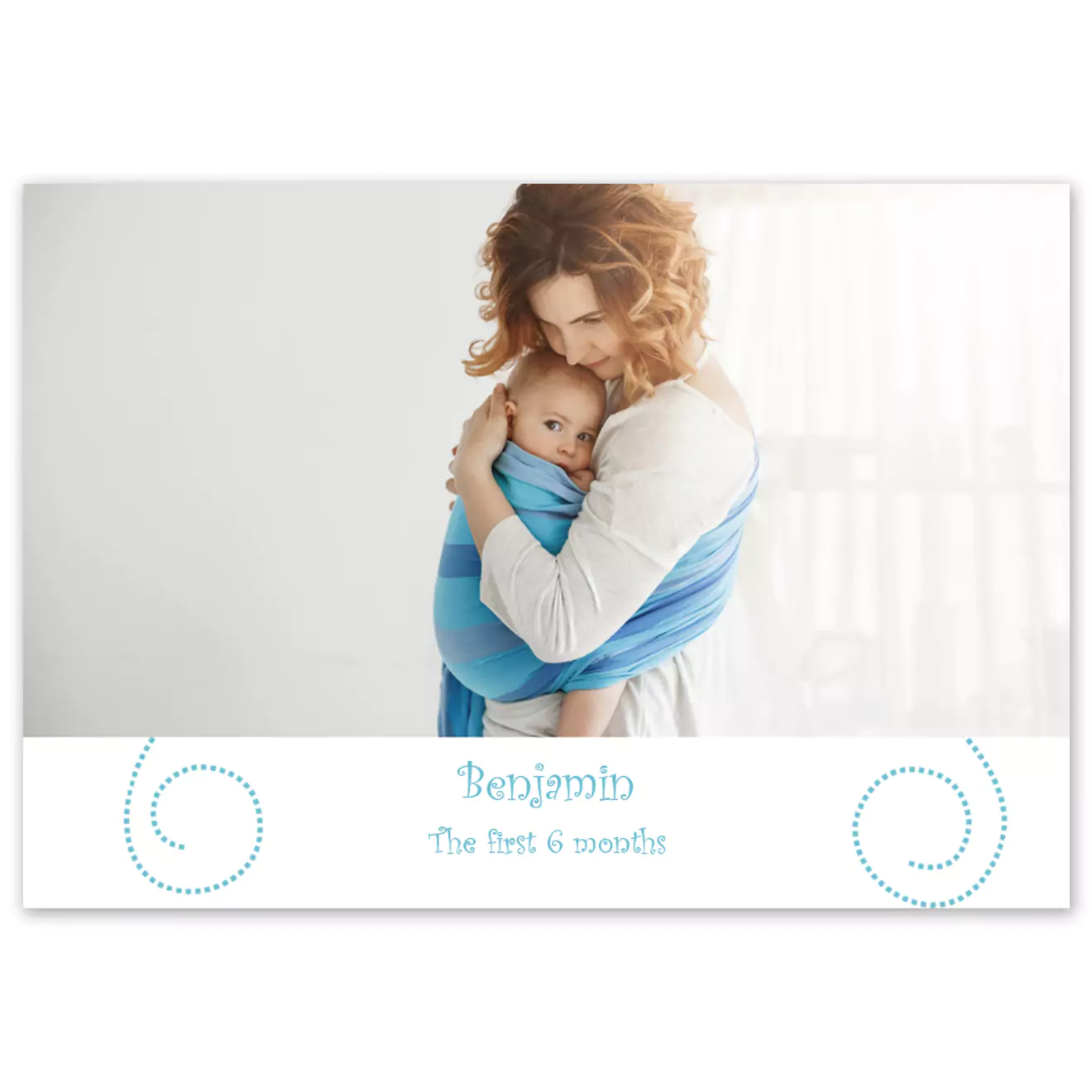 Hardcover baby photo book in baby blue theme featuring a mother holding her baby on the cover. The text 'Our Baby Ben' is written in elegant blue font. Ideal for baby shower gift ideas, personalised gifts in South Africa, and photo albums to cherish precious moments.